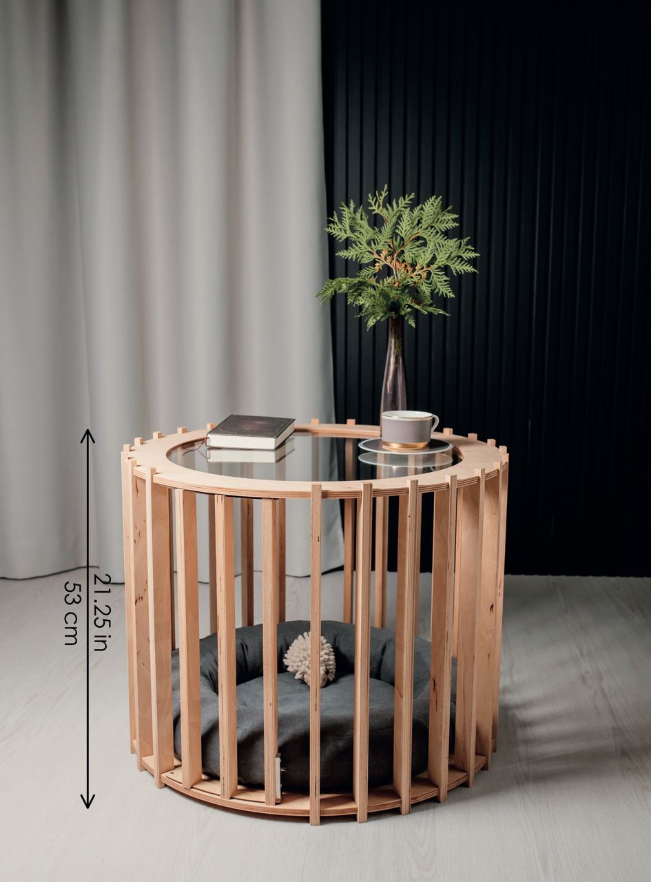 Small dog crate end table in white wood – stylish indoor kennel table design.