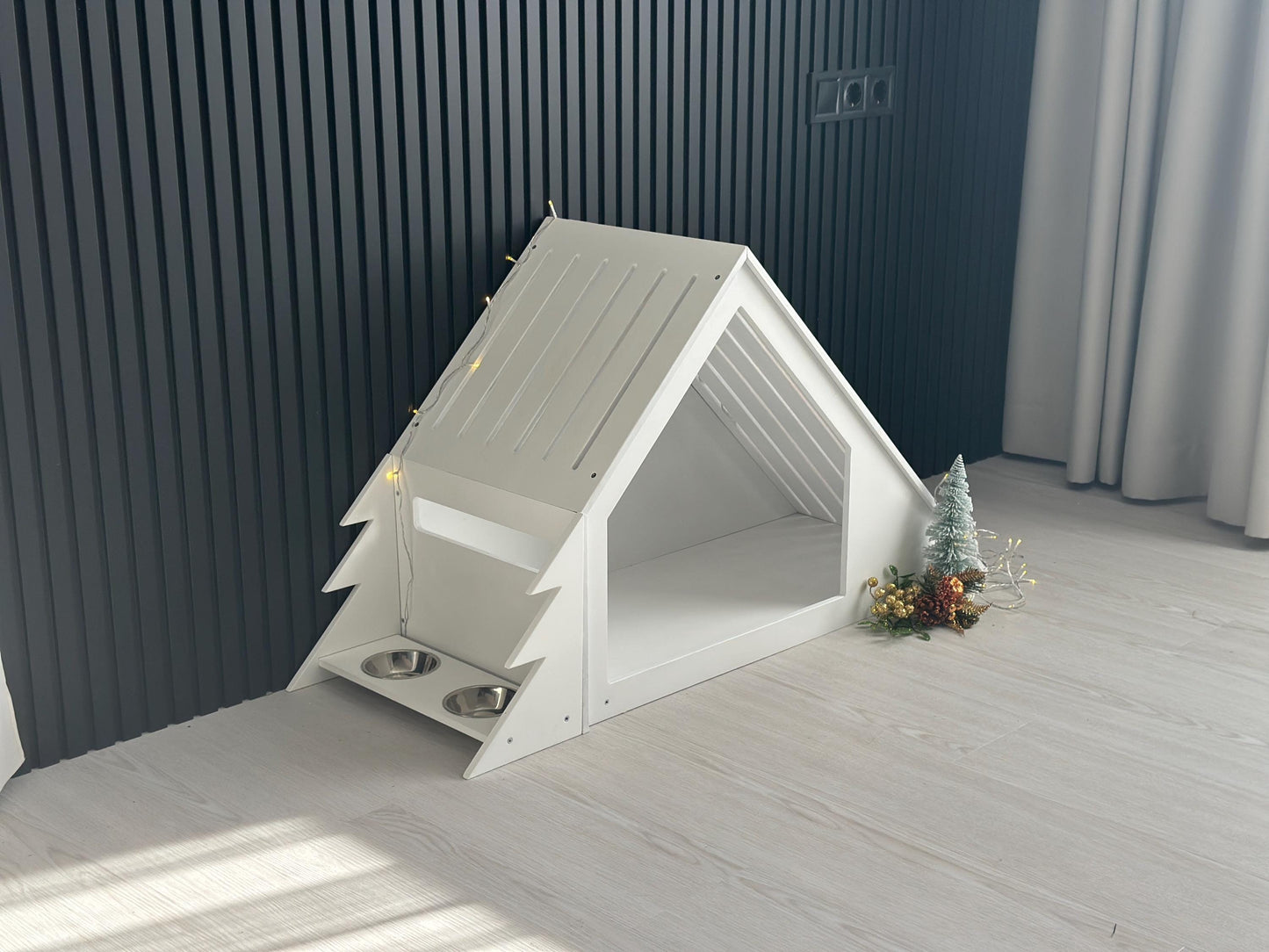 Large Christmas dog house set in holiday scene wooden design