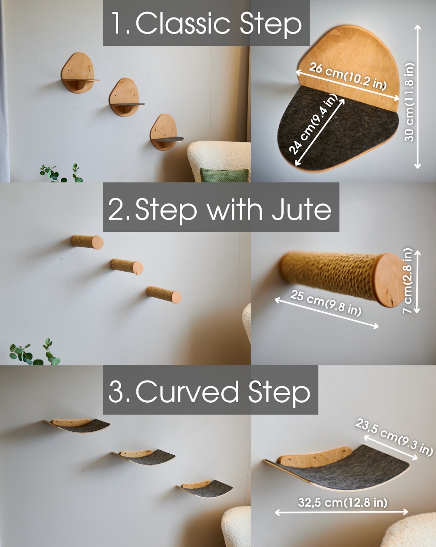 Cat wall shelf options including classic cat step jute climbing step and curved cat wall shelf