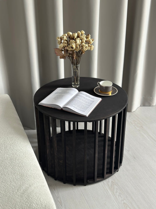 Lucent Haven dark round dog crate coffee table – multifunctional wooden pet furniture