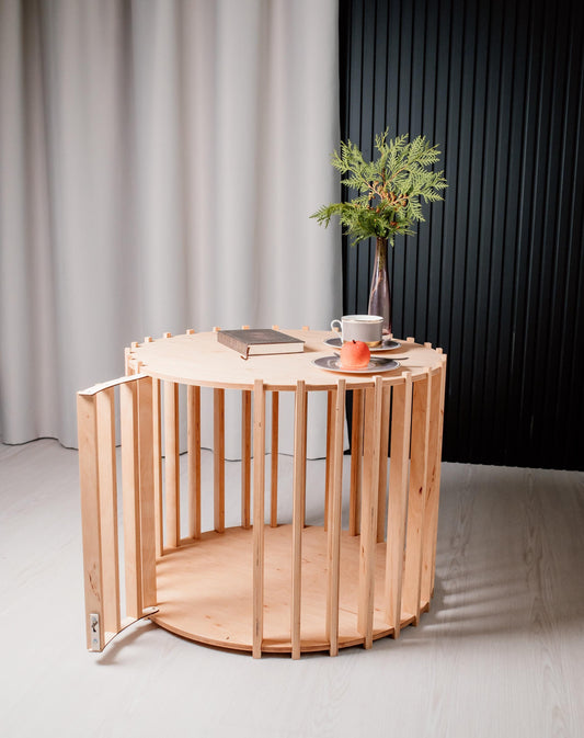 Light Wooden Dog House Coffee Table with Glass Top – Indoor Dog Cage Furniture.