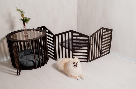 Set of 2 Items: 3 Panels of the Dog Playpen and a Dog House - Coffee Table. Dog Bed Puppy Kennel Wooden Enclosure for Dogs