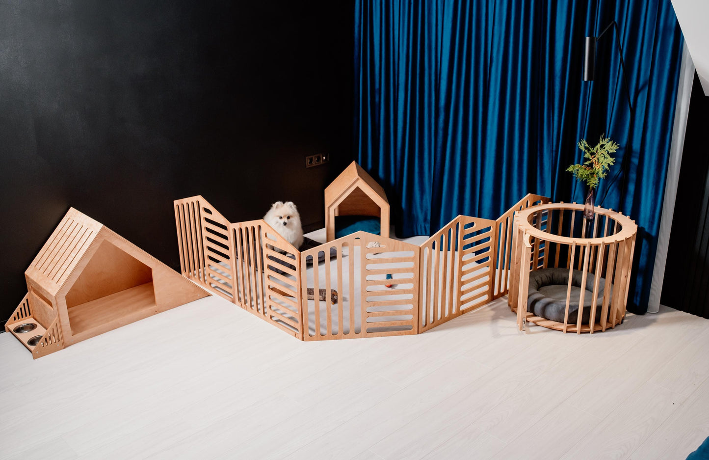 Set of 5 Items Large Dog House, Small Dog House, 5 Panels of Dog Playpen, Dog Feeder and a Dog House -Coffee Table. Dog Kennel