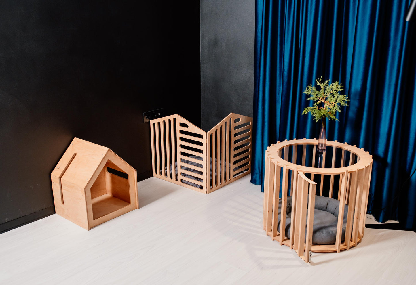 Set of 3 Items: Small Dog House, 2 Panels of Playpen and a Dog House - Coffee Table. Dog Bed Puppy Kennel Wooden Enclosure for Dogs
