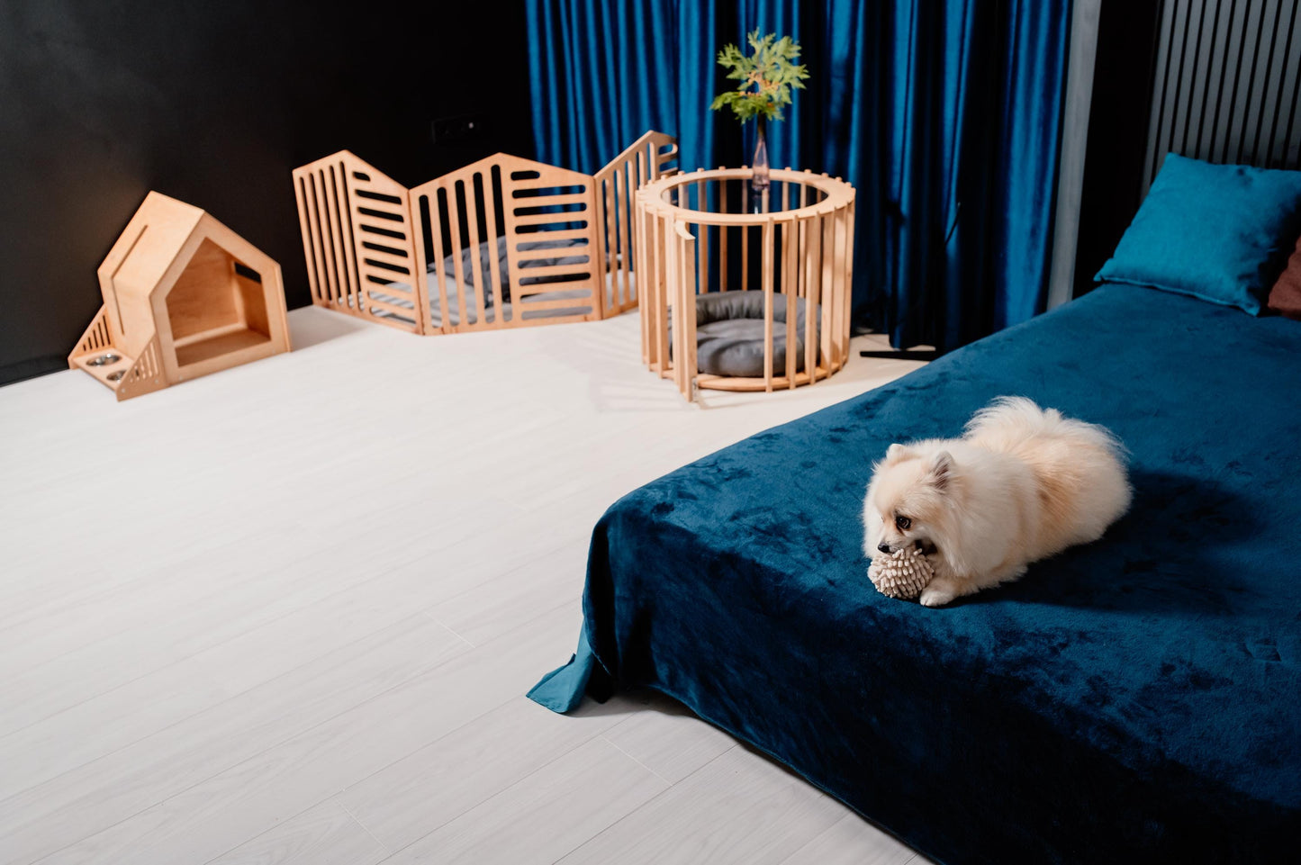 Set of 4 Items Small Dog House, Dog Feeder, 3 Parts of Dog Playpen and a Dog House-Coffee Table with a Pillow.Dog Bed Puppy Kennel Enclosure