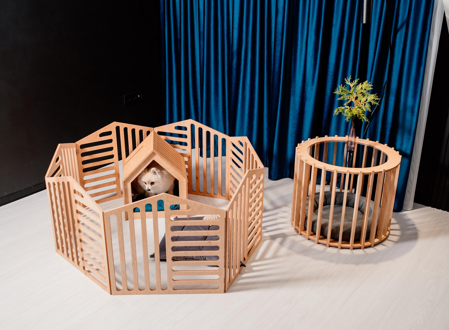 Set of 2 Items: Small Dog House and 7 Panels of Dog Playpen. Dog Bed Puppy Kennel Enclosure for Dogs Modern Dog House