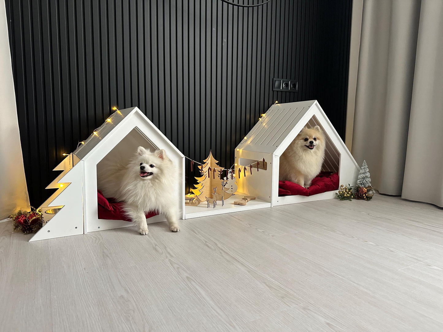 Christmas Set of 3 Items Small Dog House, Large Dog House and a Dog Feeder. Indoor Dog House Dog Bed Puppy House Modern Dog House