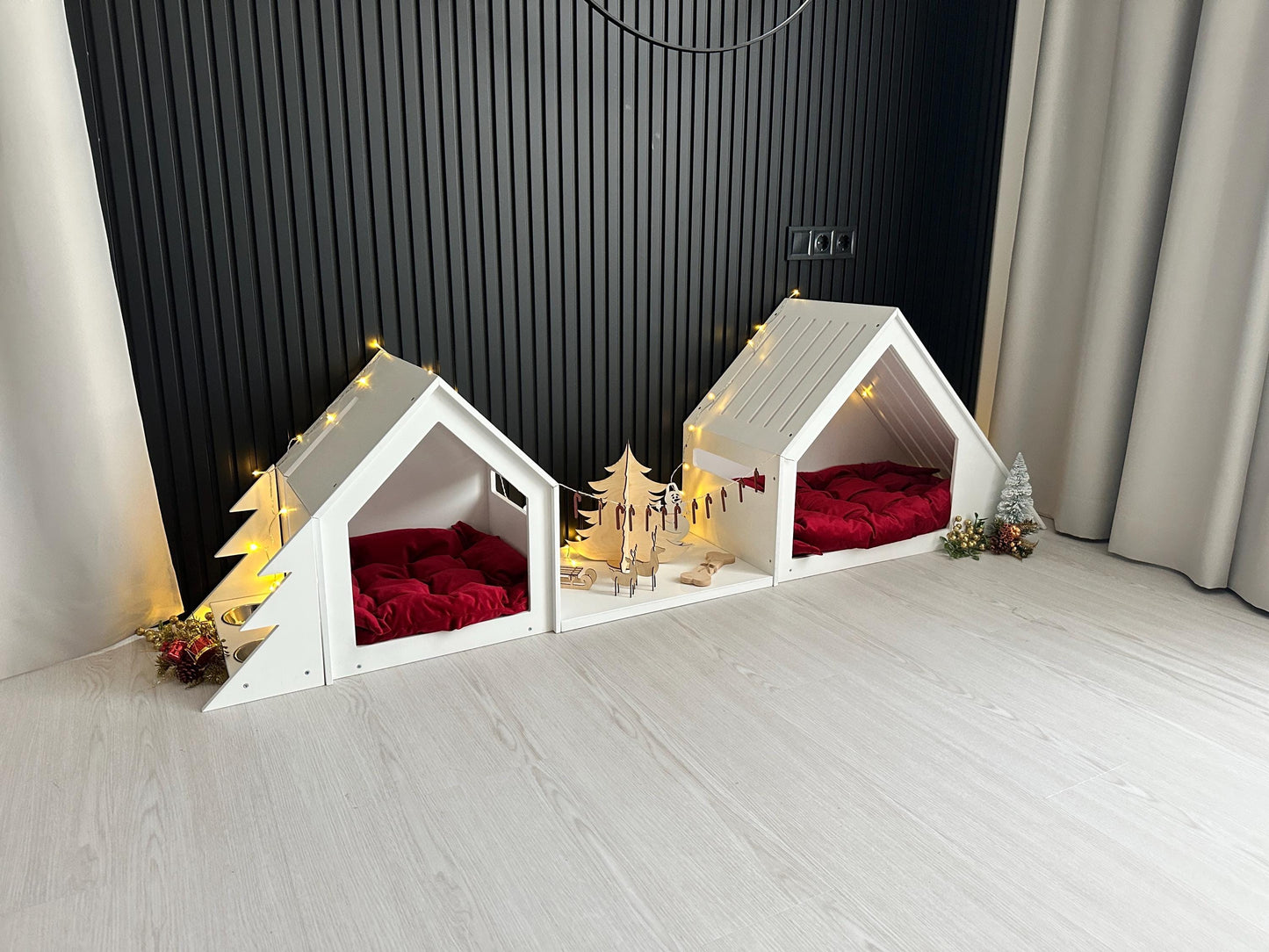 Christmas Set of 3 Items Small Dog House, Large Dog House and a Dog Feeder. Indoor Dog House Dog Bed Puppy House Modern Dog House