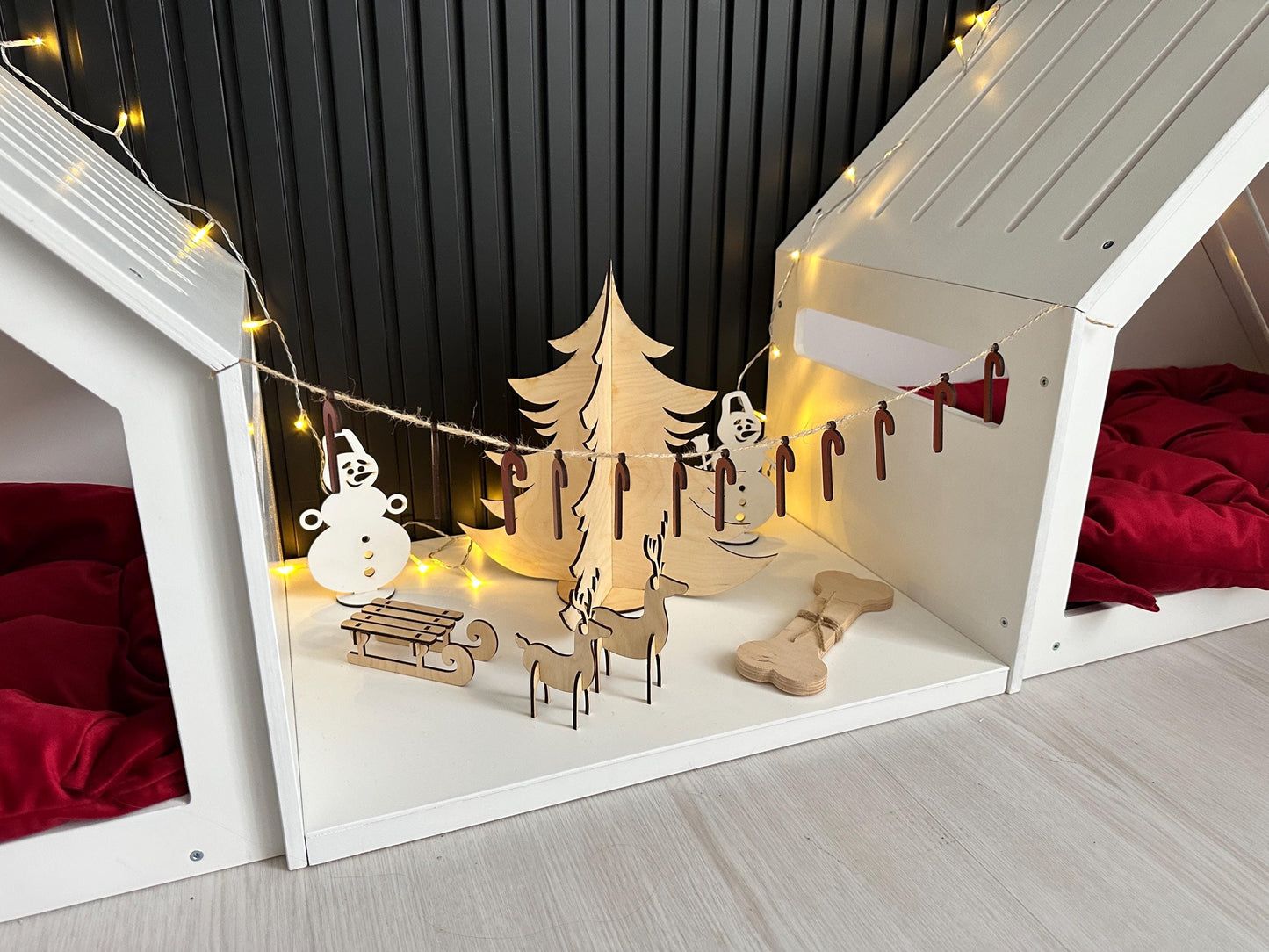 Christmas Set of 3 Items Small Dog House, Large Dog House and a Dog Feeder. Indoor Dog House Dog Bed Puppy House Modern Dog House