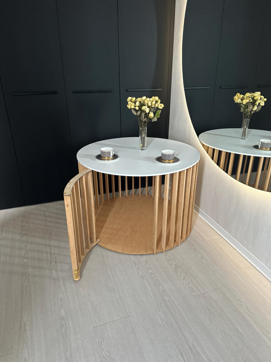 Large wooden dog crate coffee table for big dogs – modern indoor dog kennel furniture.