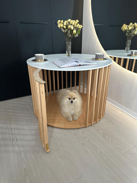 Large dog kennel end table – wooden dog crate coffee table for large breeds.