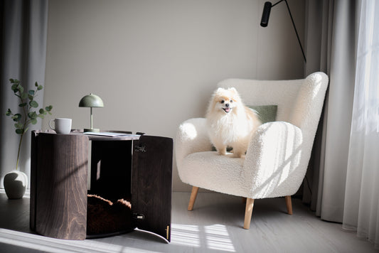 Small Pomeranian dog sitting on a chair next to a modern wooden dog house coffee table in a minimalist living room
