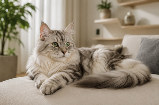 Silver Maine Coon cat with long fluffy fur lying on a modern beige sofa in a bright minimalist living room.