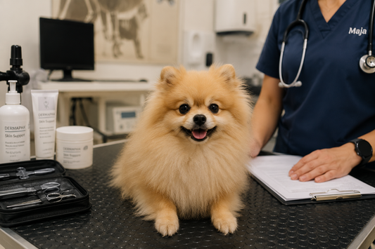 Pomeranian at a veterinary clinic during a skin and coat health examination