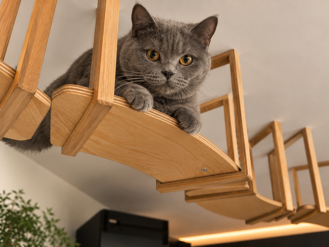 Gray cat resting on an elevated wooden cat walkway in a modern home