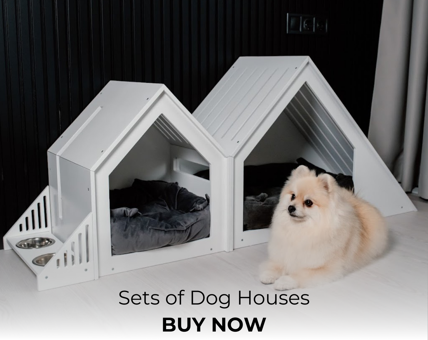 White wooden dog crate end tables and kennel furniture set with fluffy dog inside – stylish dog house coffee table design.