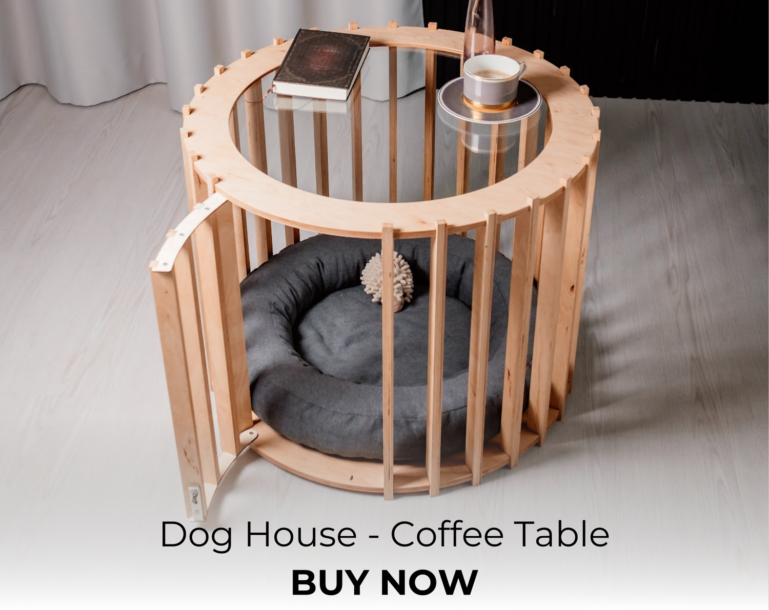 Dog crate coffee table with kennel design and soft dog bed inside