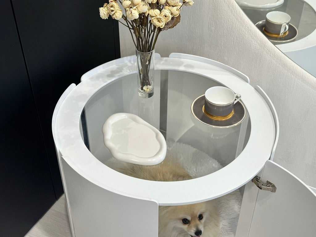 White Designer Coffee Table Dog House — Minimalist Pet Furniture