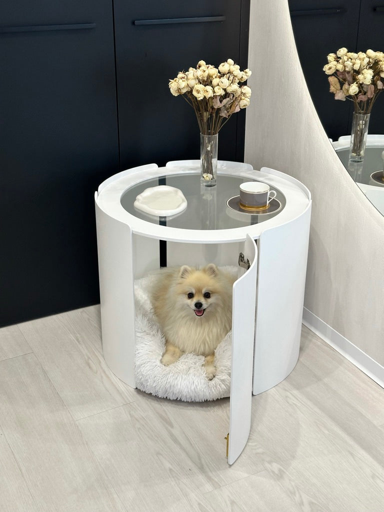 White Designer Coffee Table Dog House — Minimalist Pet Furniture