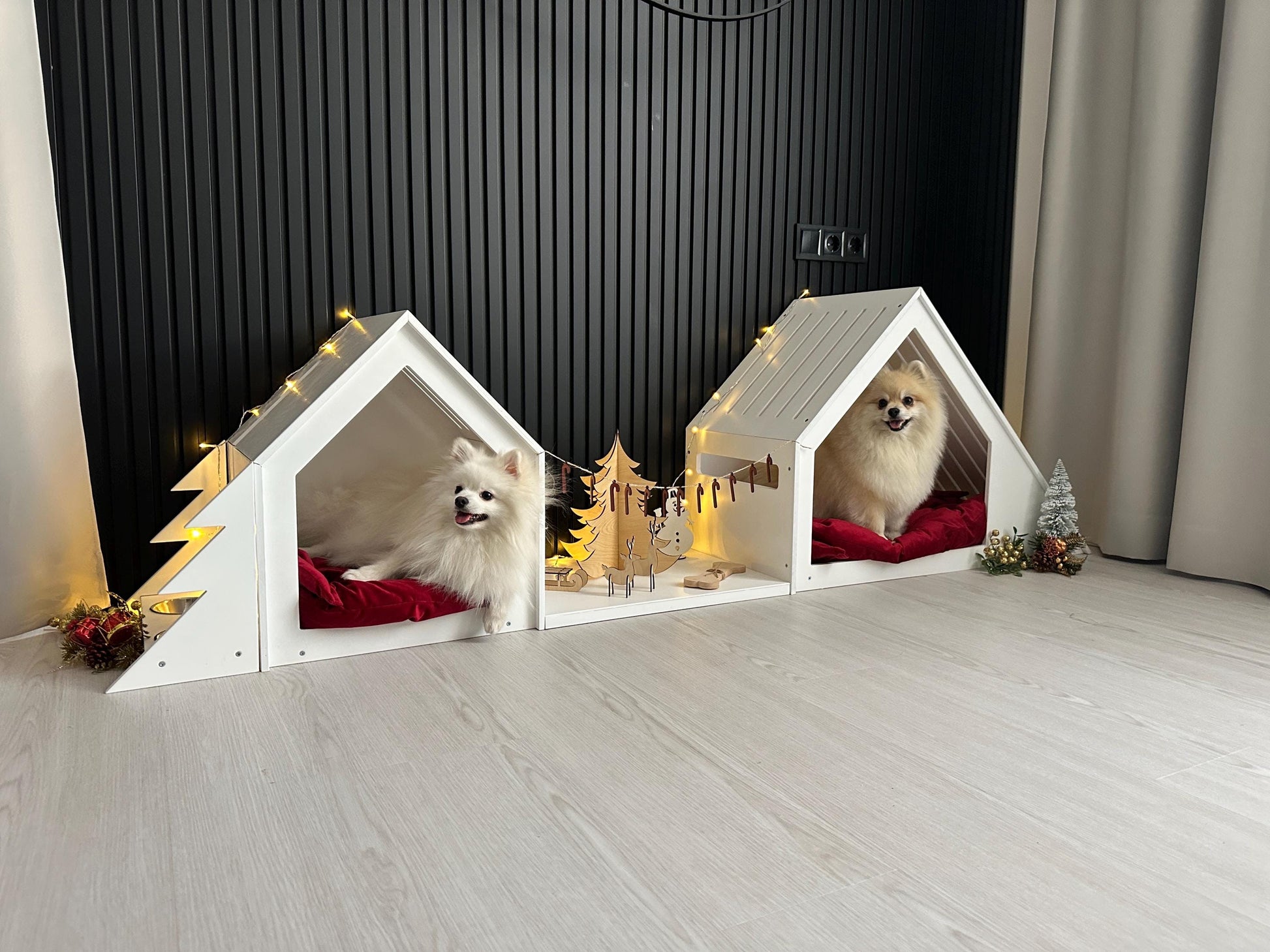 Christmas dog house set small and large wooden white