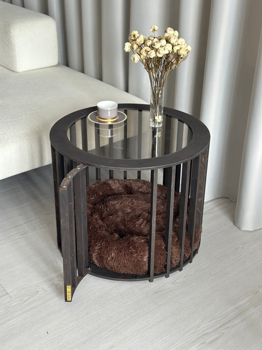Dark wooden dog crate coffee table – elegant furniture style pet crate