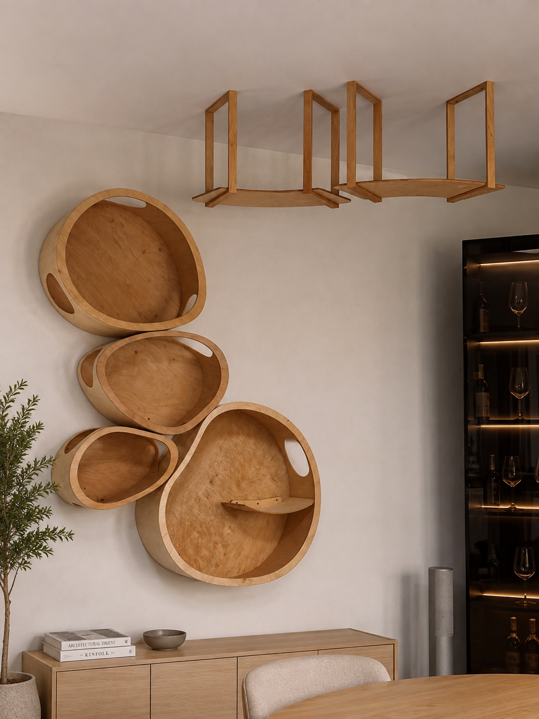 Ceiling mounted cat climbing shelves combined with modern wall mounted cat furniture