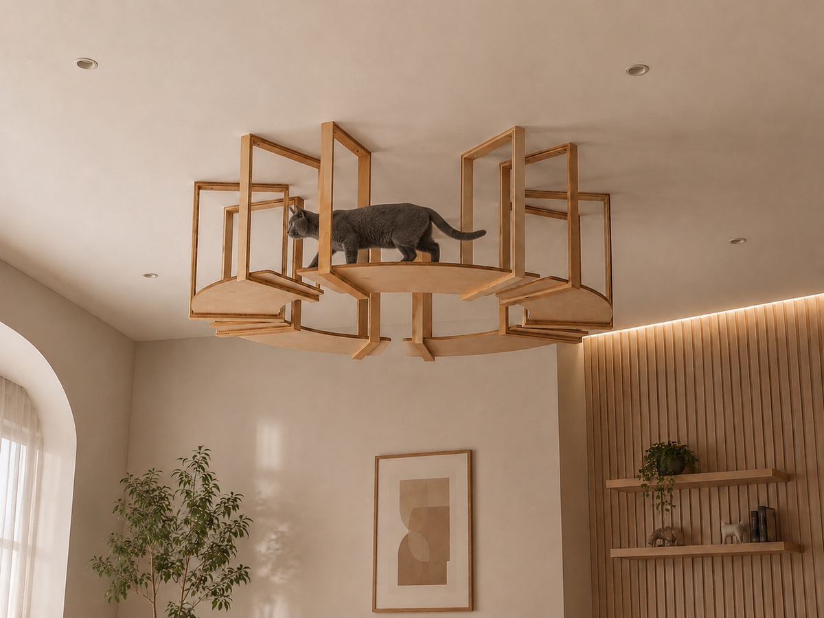 Ceiling mounted cat shelves creating an elevated climbing and resting space for cats