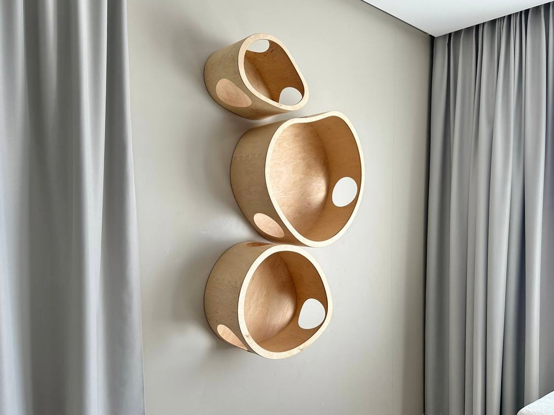 Wall mounted wooden cat houses for modern cat furniture setup in light color
