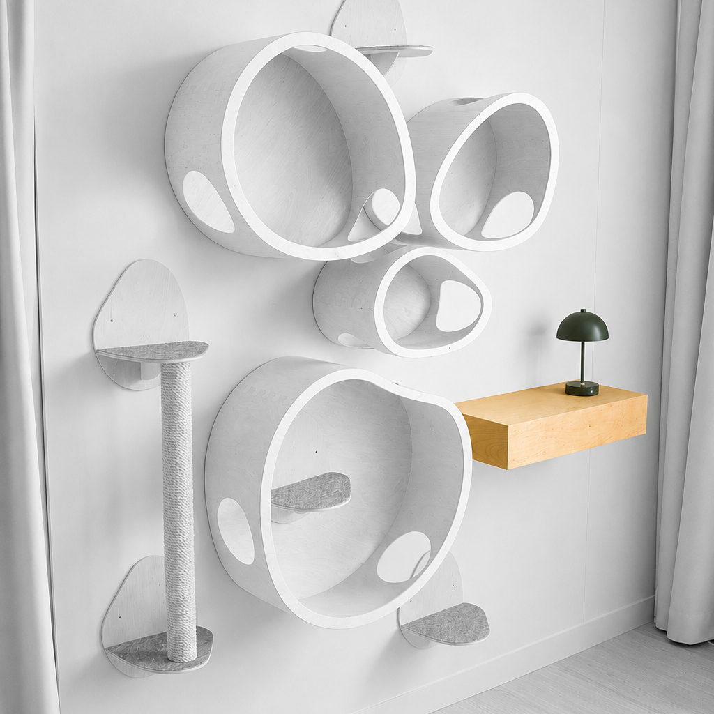 A wall-mounted cat play set in a minimalist room, featuring white circular cat tunnels, a gray sisal cat scratching post, and a small wooden shelf holding a black lamp.