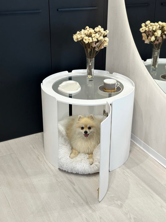 White designer dog crate coffee table — minimalist pet furniture ARCHE PODIUM