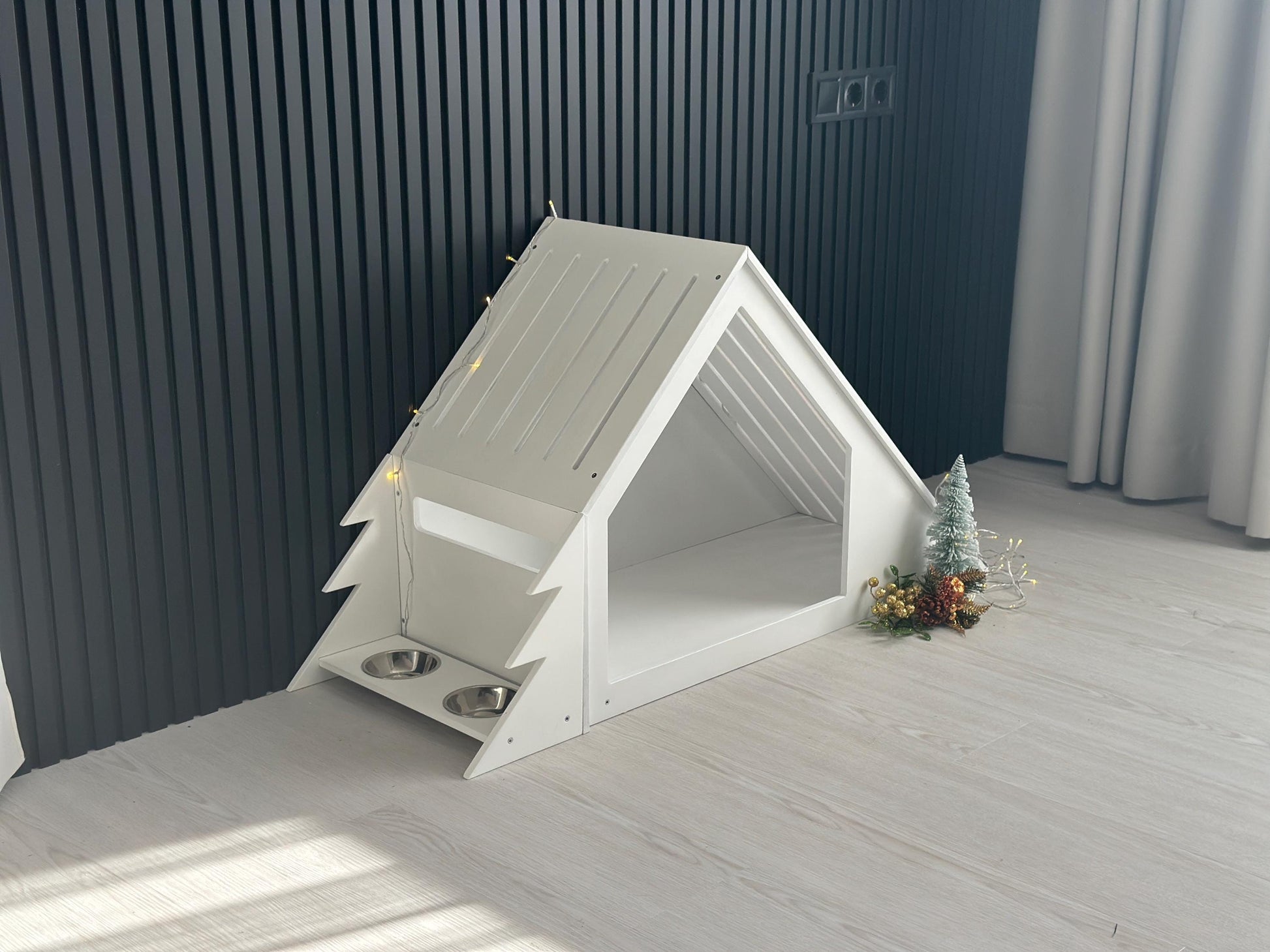 Large Christmas dog house set in holiday scene wooden design