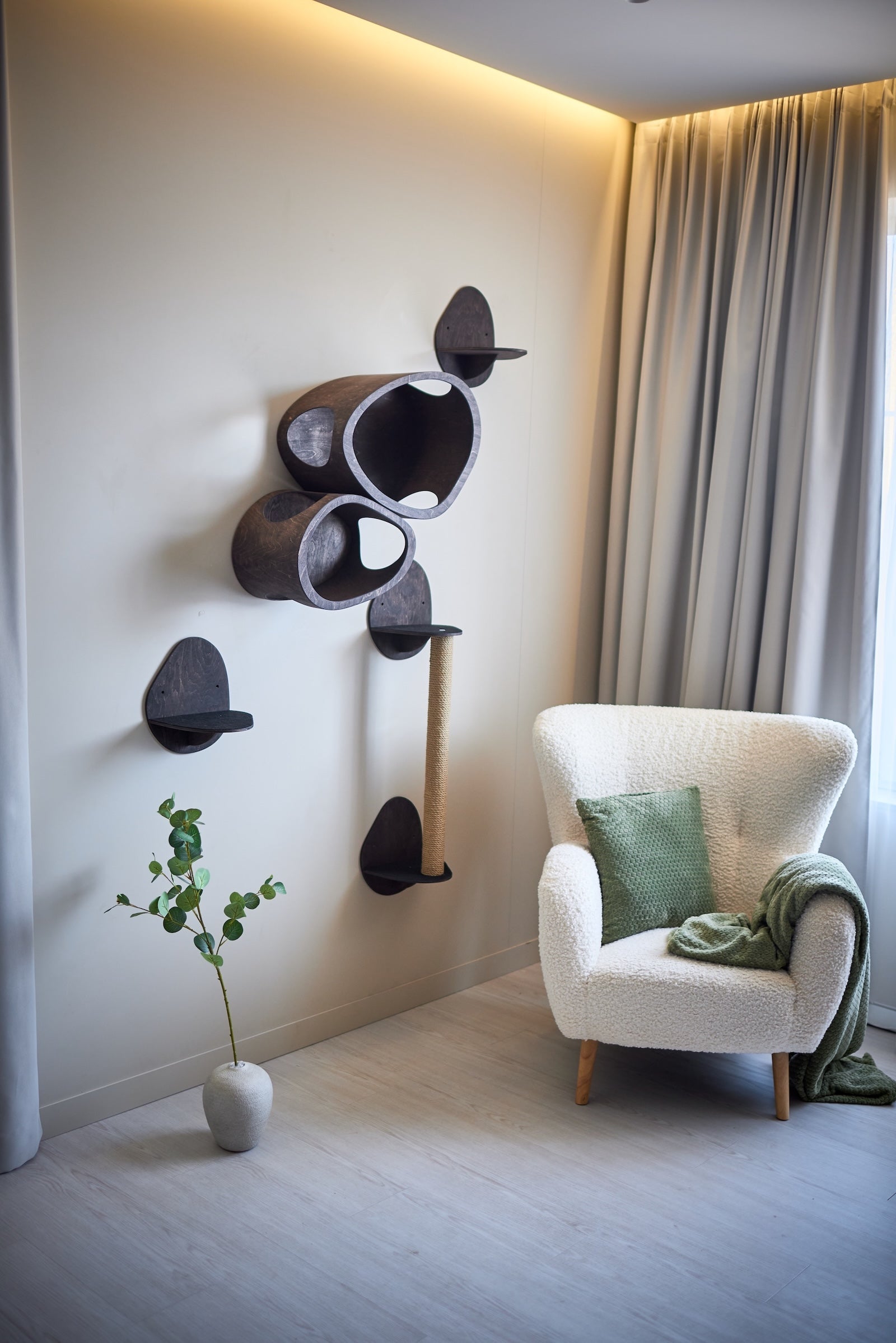 Black wall mounted cat furniture set with S and M cat houses two shelves and scratching post