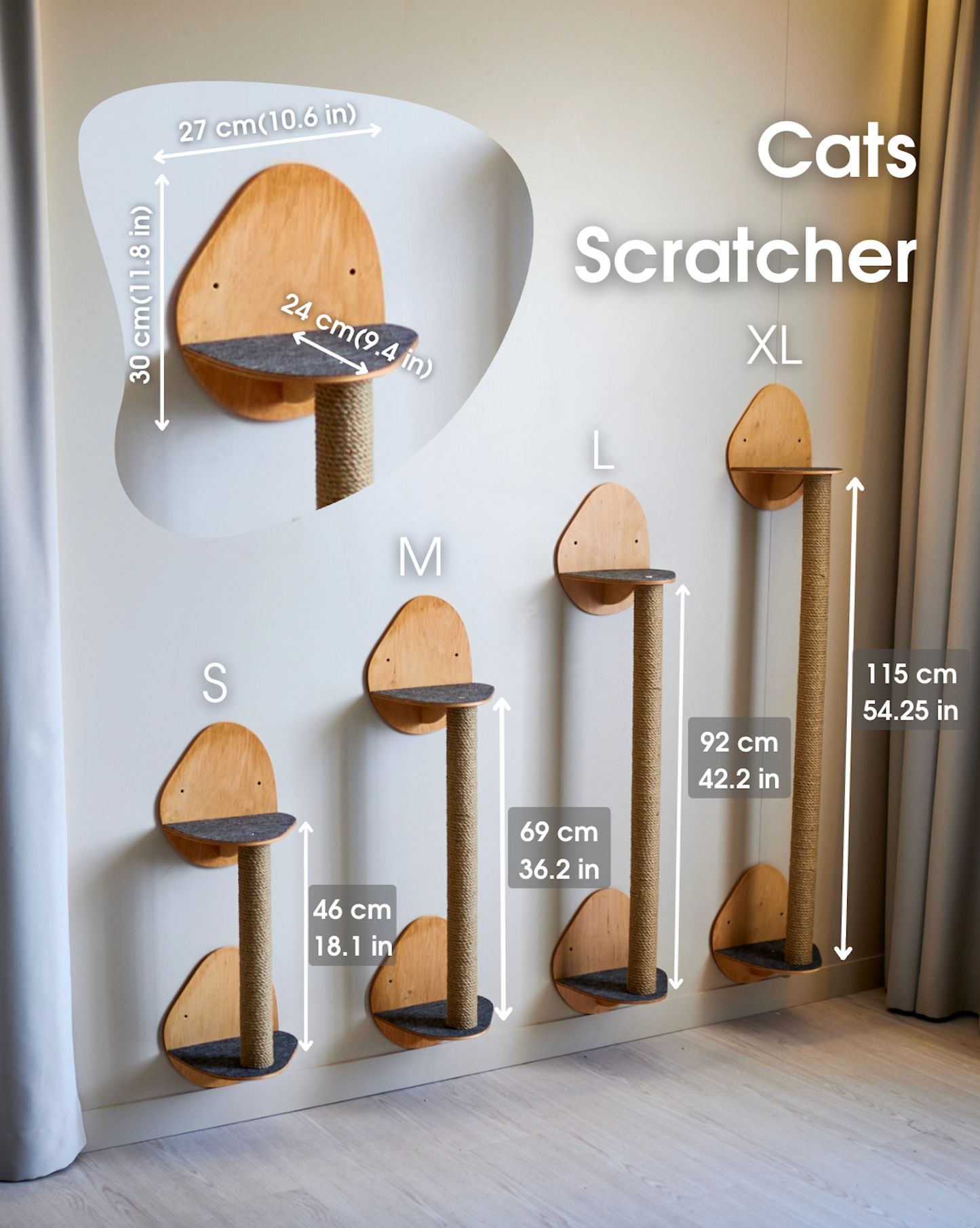 Wall mounted cat scratching post size comparison S M L XL cat climbing wall furniture