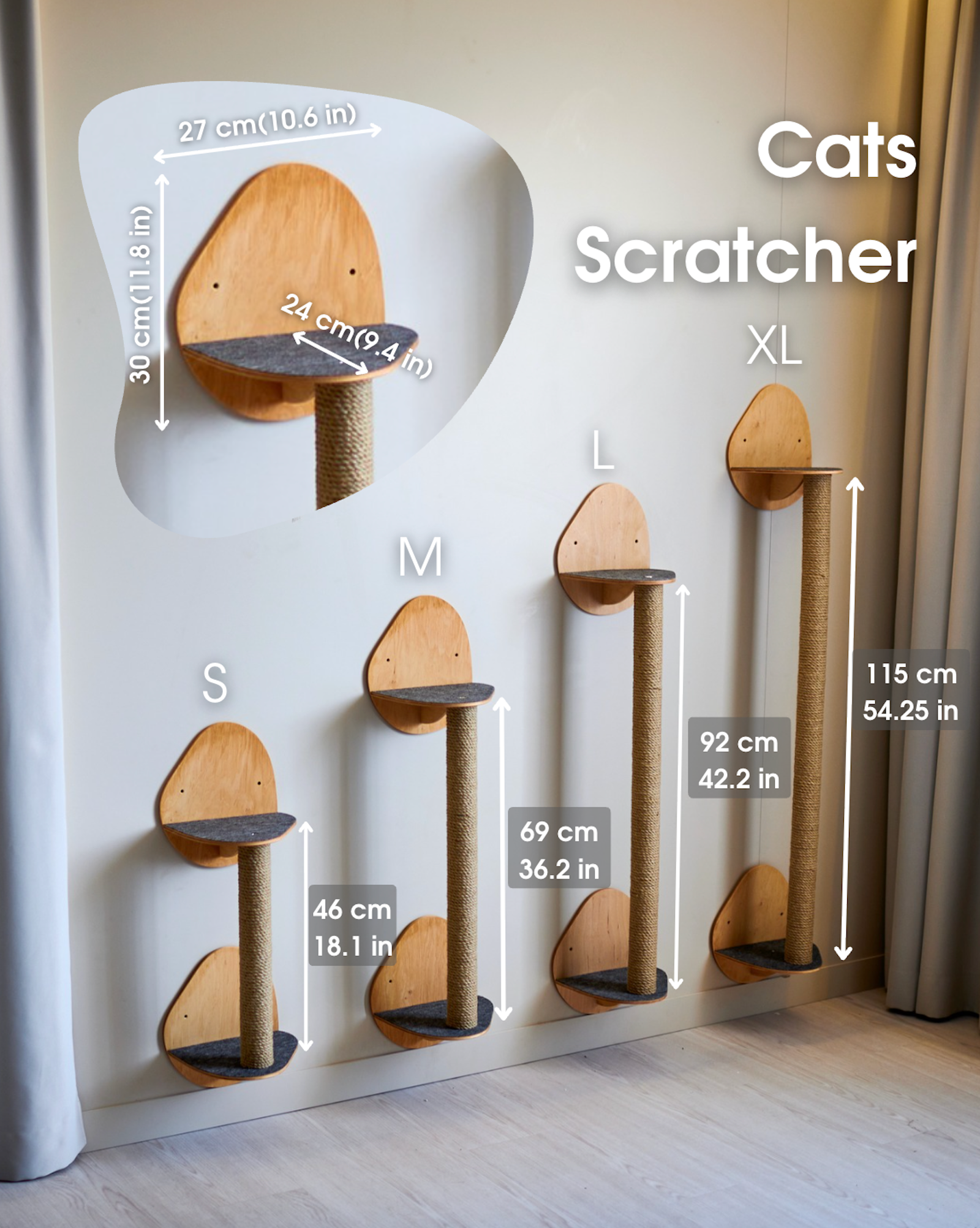 Wall mounted cat scratching post size comparison S M L XL cat climbing wall furniture