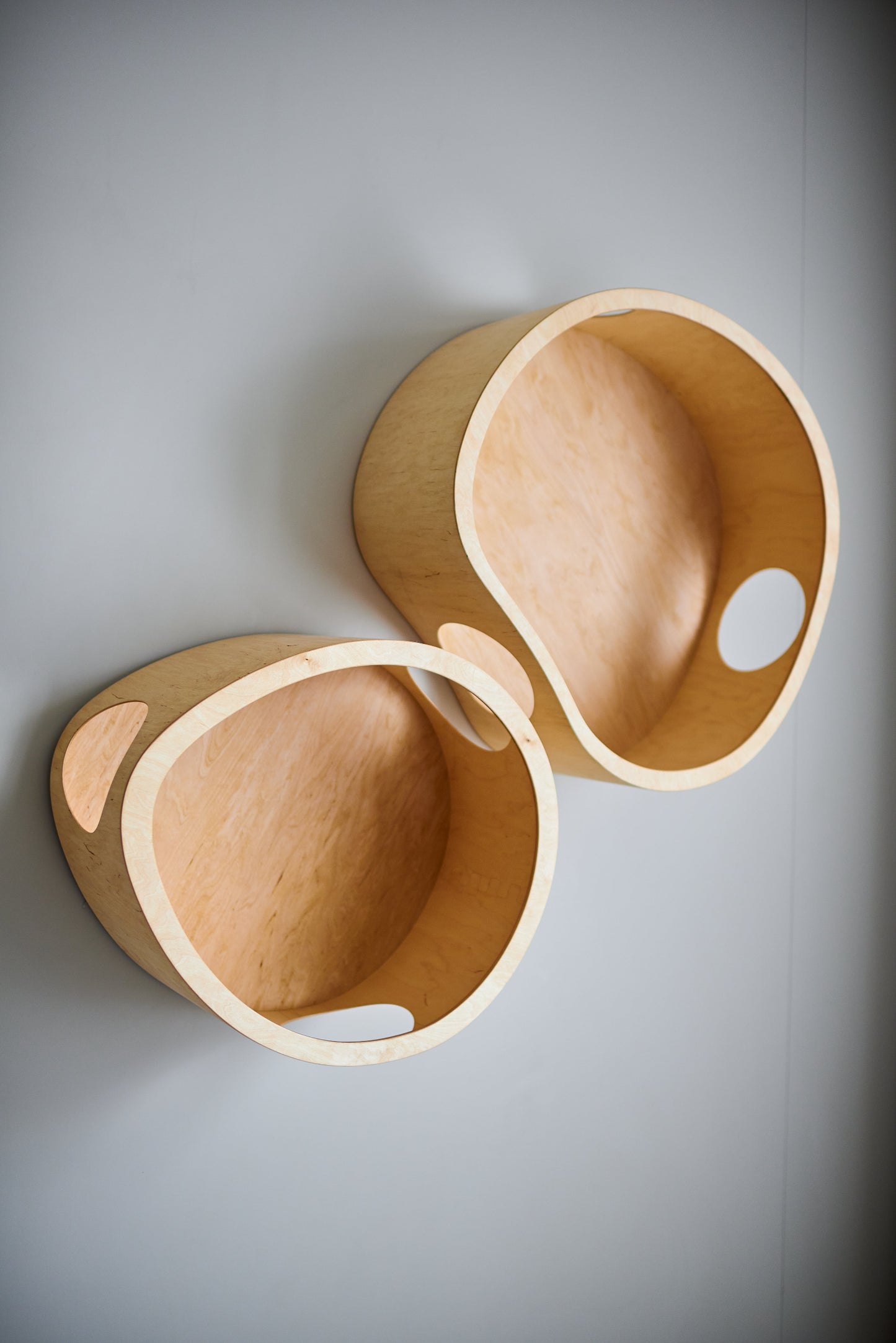 Wall mounted cat furniture set with large and extra large wooden cat houses in light wood