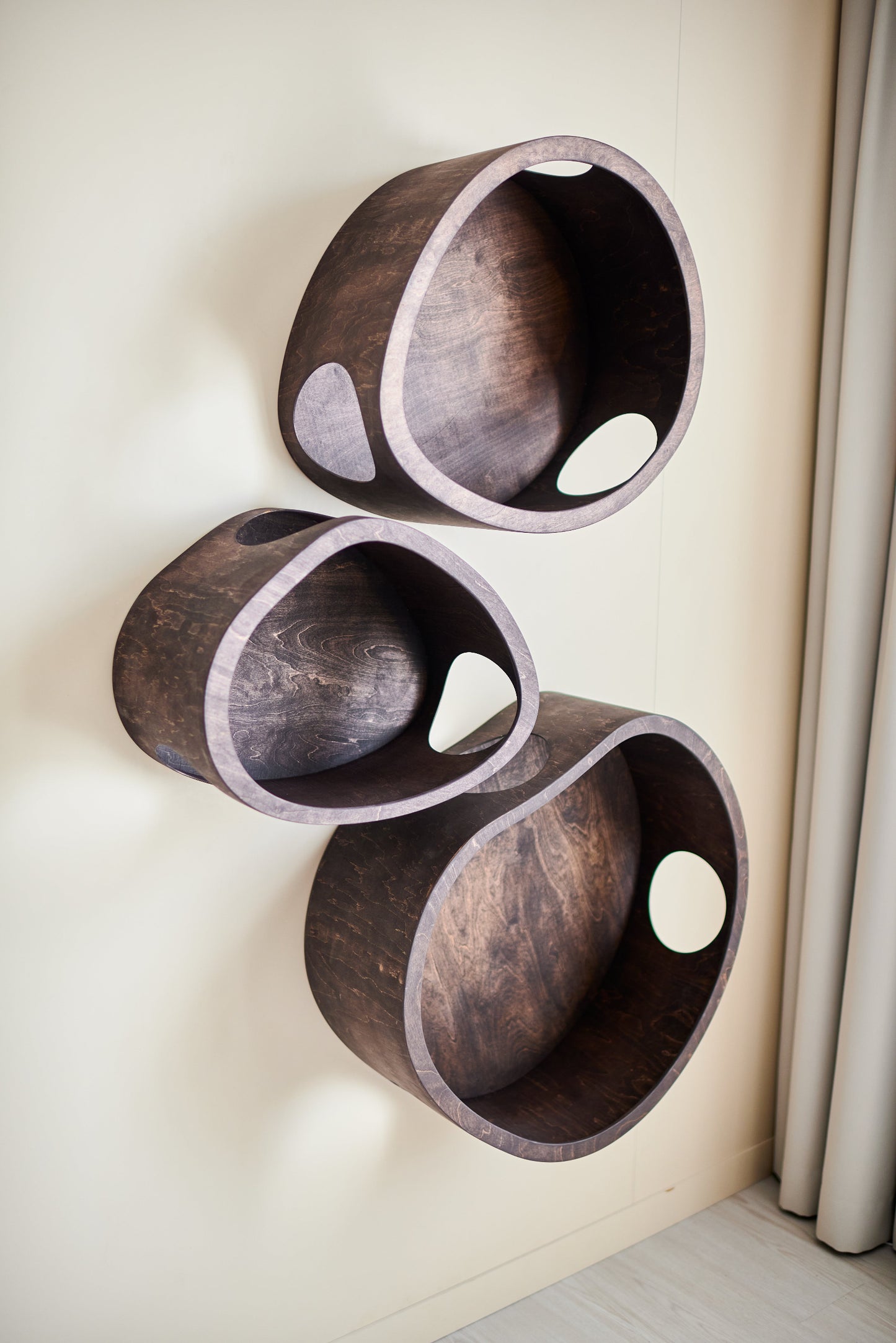 Wall mounted cat furniture set with medium, large and extra large wooden cat houses in dark wood
