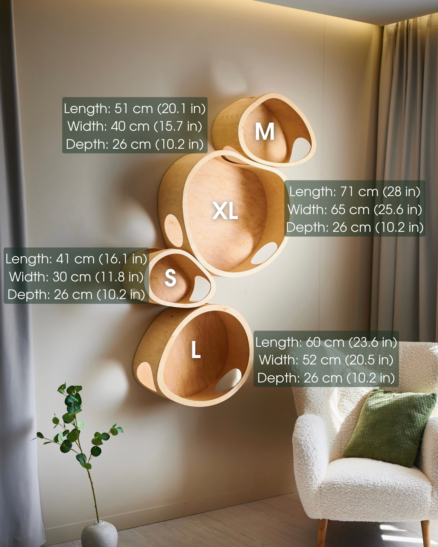 Wooden wall-mounted condos in various sizes with dimensions labeled in a room setting.