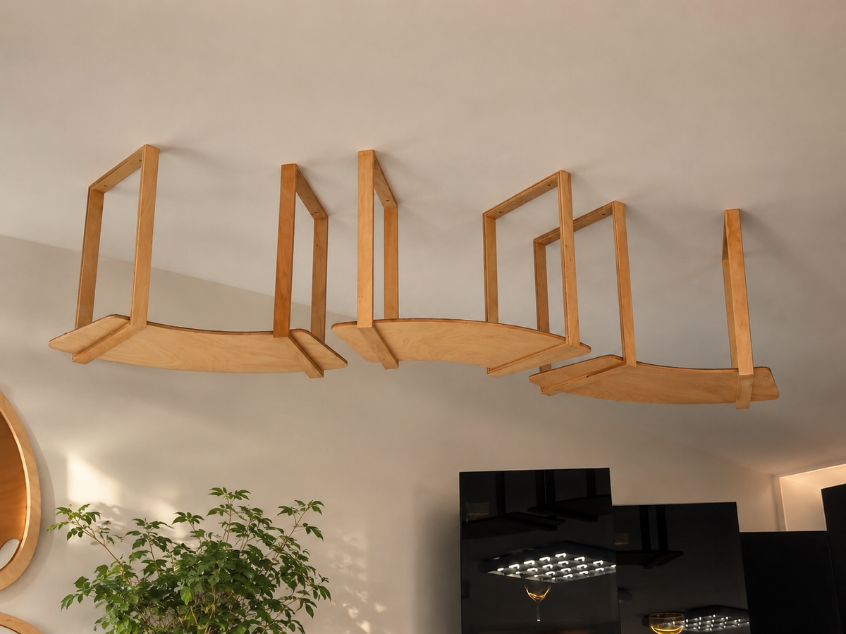 Ceiling mounted cat furniture with wooden platforms designed for climbing and lounging