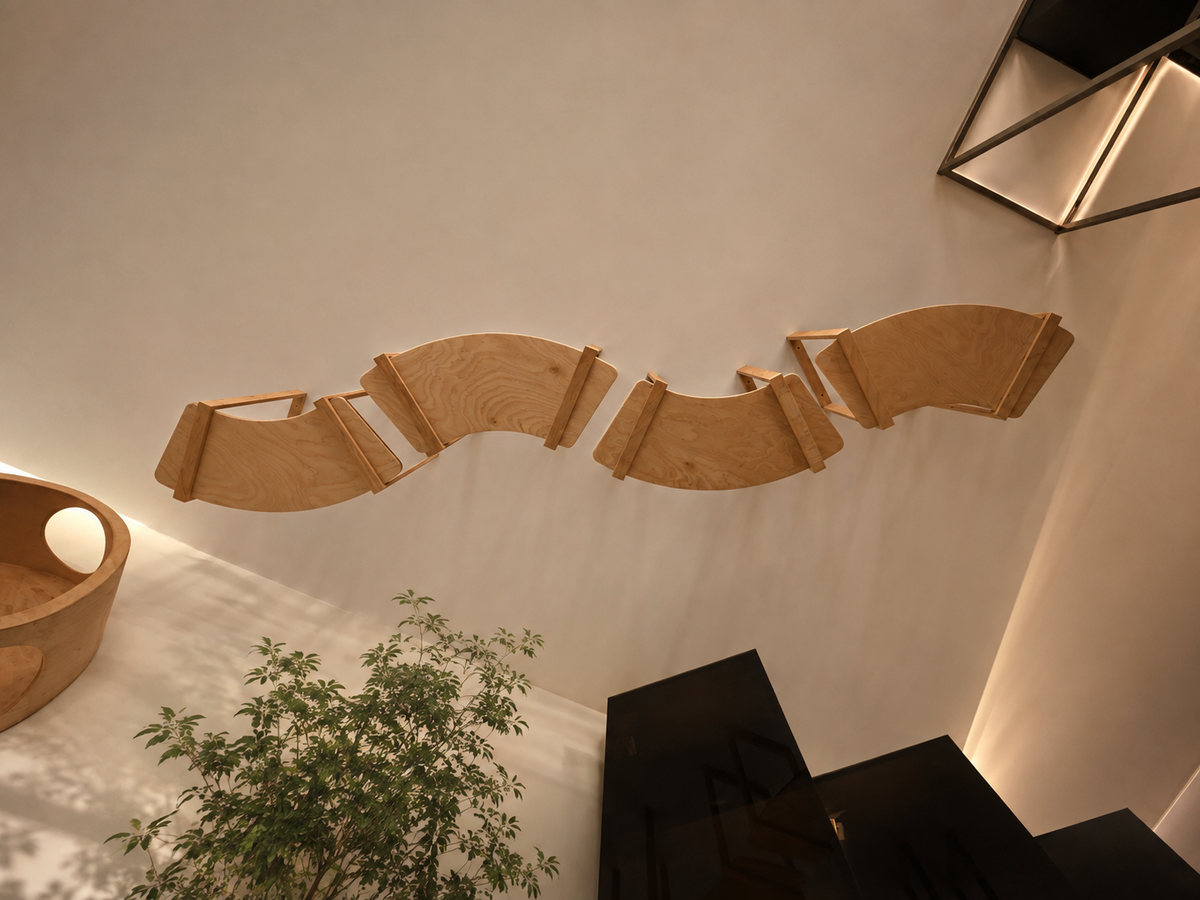 Modern ceiling mounted cat shelves for climbing, resting and observing the room from above