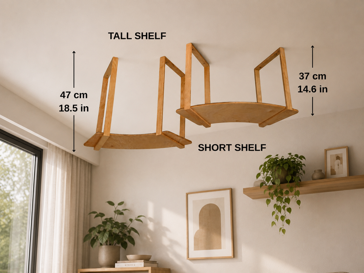 Ceiling mounted cat shelf dimensions showing tall and short wooden shelf options