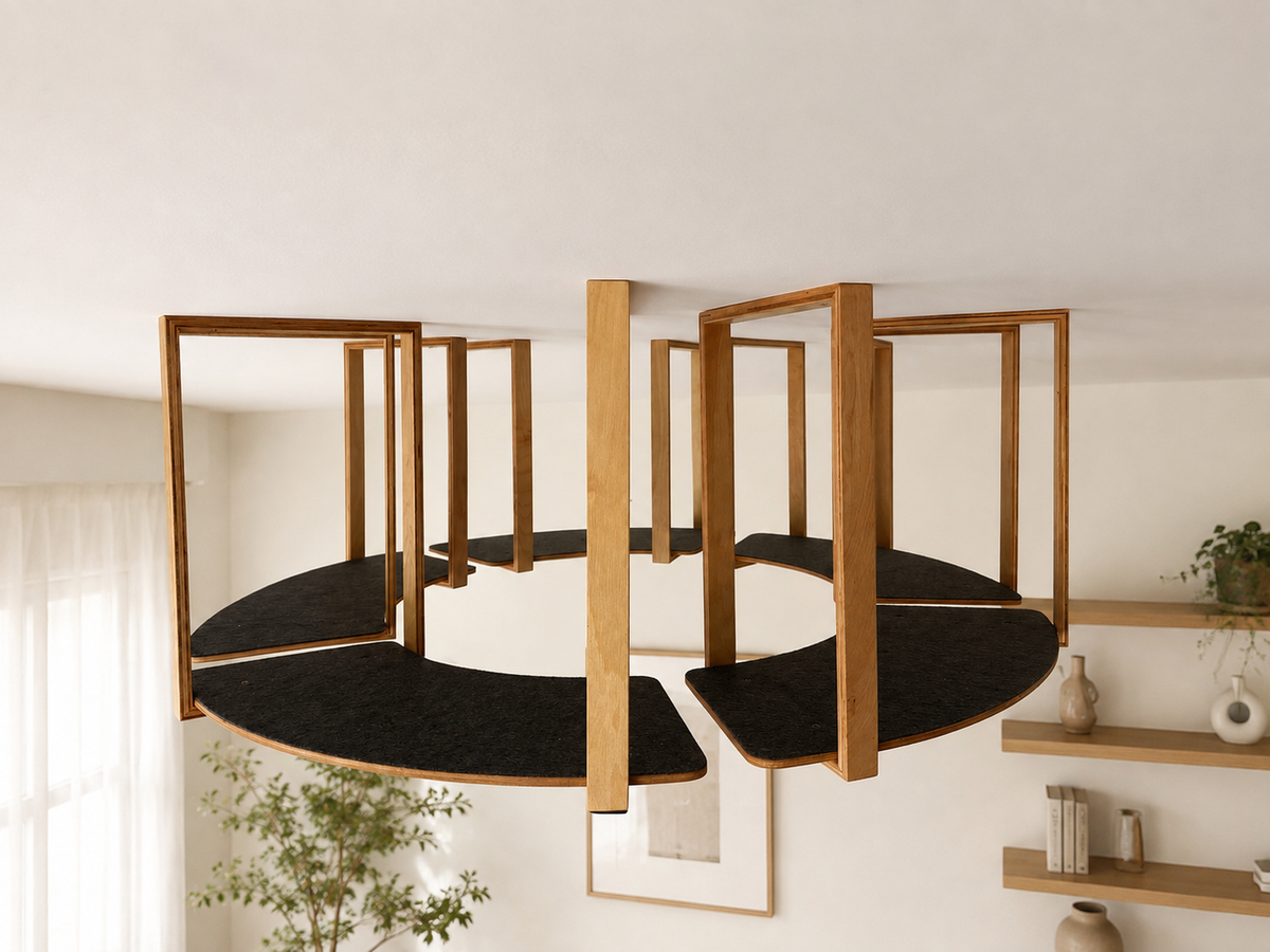 Wooden ceiling mounted cat shelves arranged as a modern indoor climbing pathway for cats
