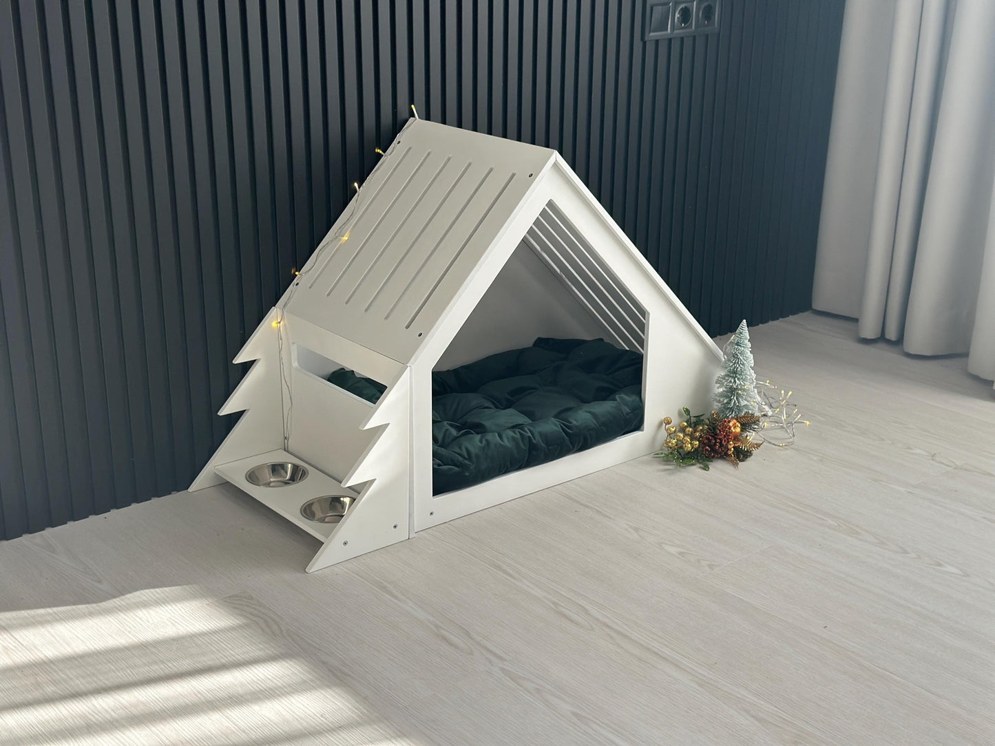 Closeup details of Christmas dog house holiday decor