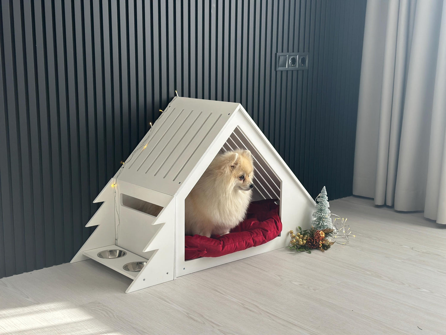 Wooden Christmas dog house side view holiday gift