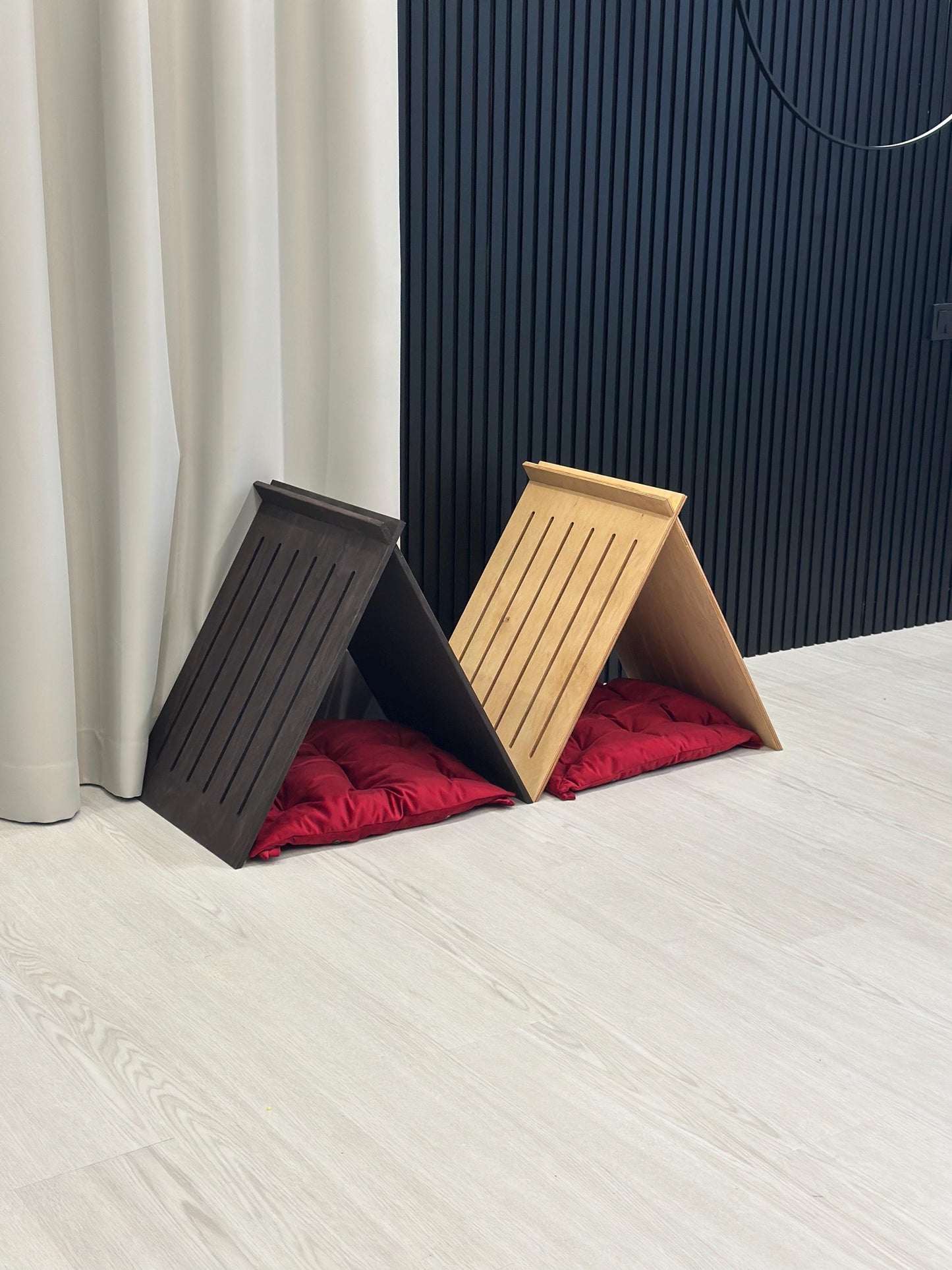Dark wood dog house with red pillow – modern wooden indoor pet furniture