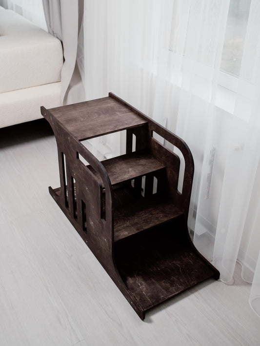 Dark wooden dog house with stairs, indoor dog crate furniture for small dogs, multifunctional pet bed and steps.