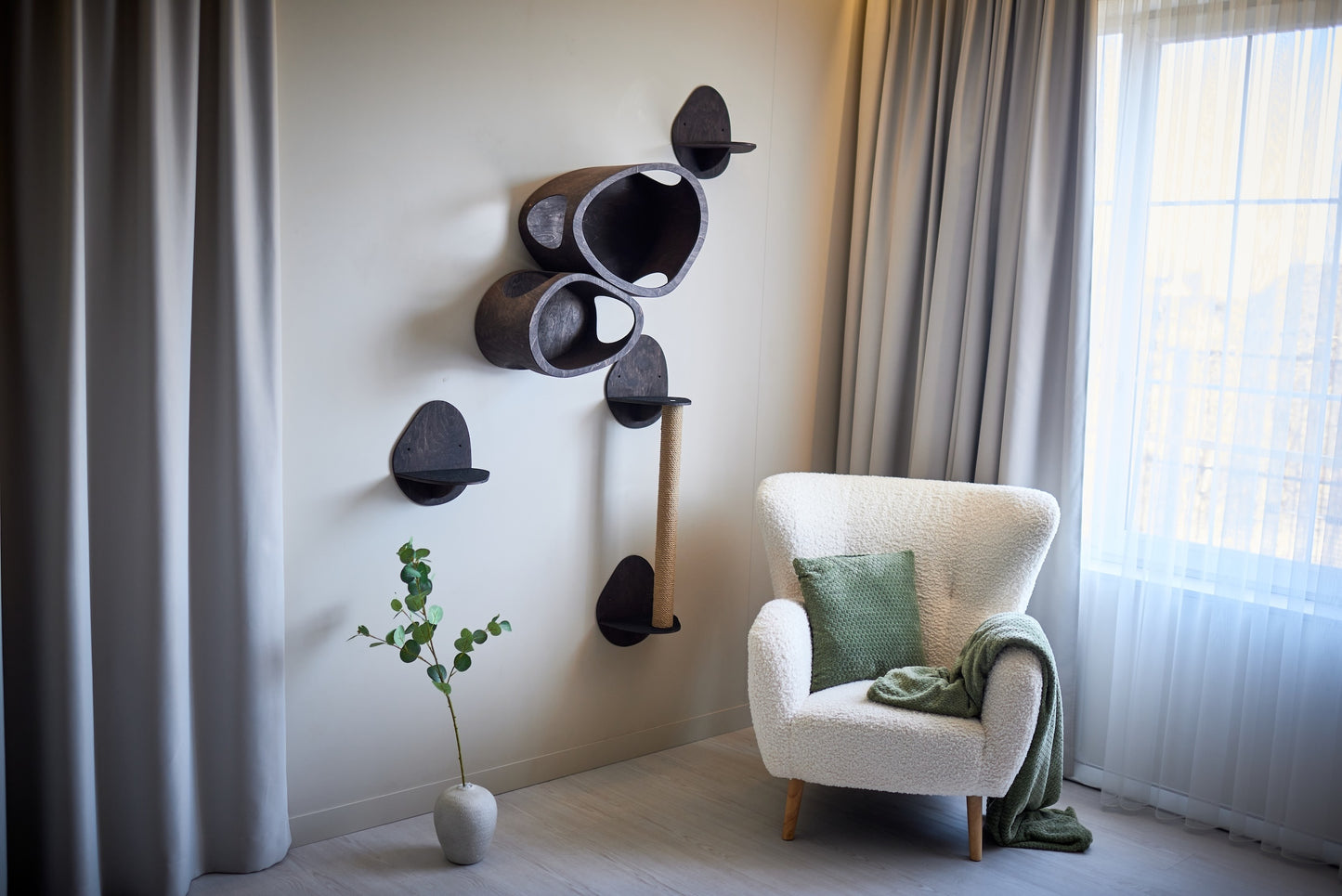 Designer black cat wall set with small and medium cat houses shelves and scratching post
