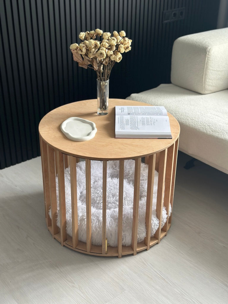Pillow options for wooden dog house coffee table