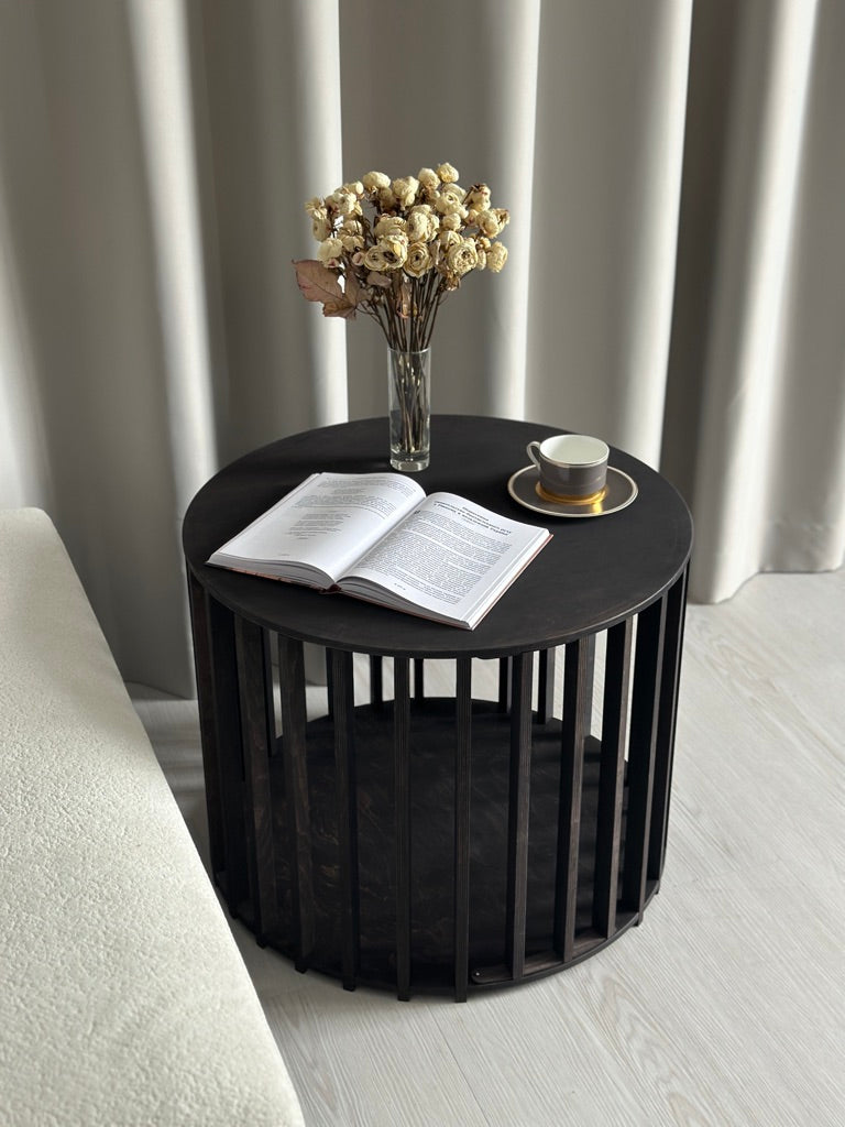 Lucent Haven dark round dog crate coffee table – multifunctional wooden pet furniture