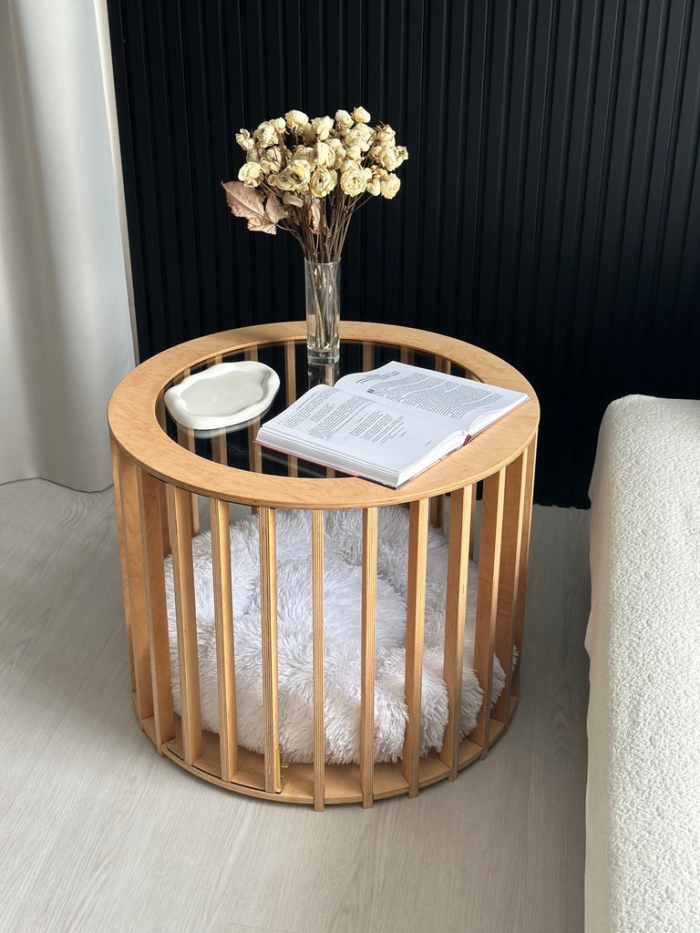 Modern dog house coffee table made of wood in a living room with decor