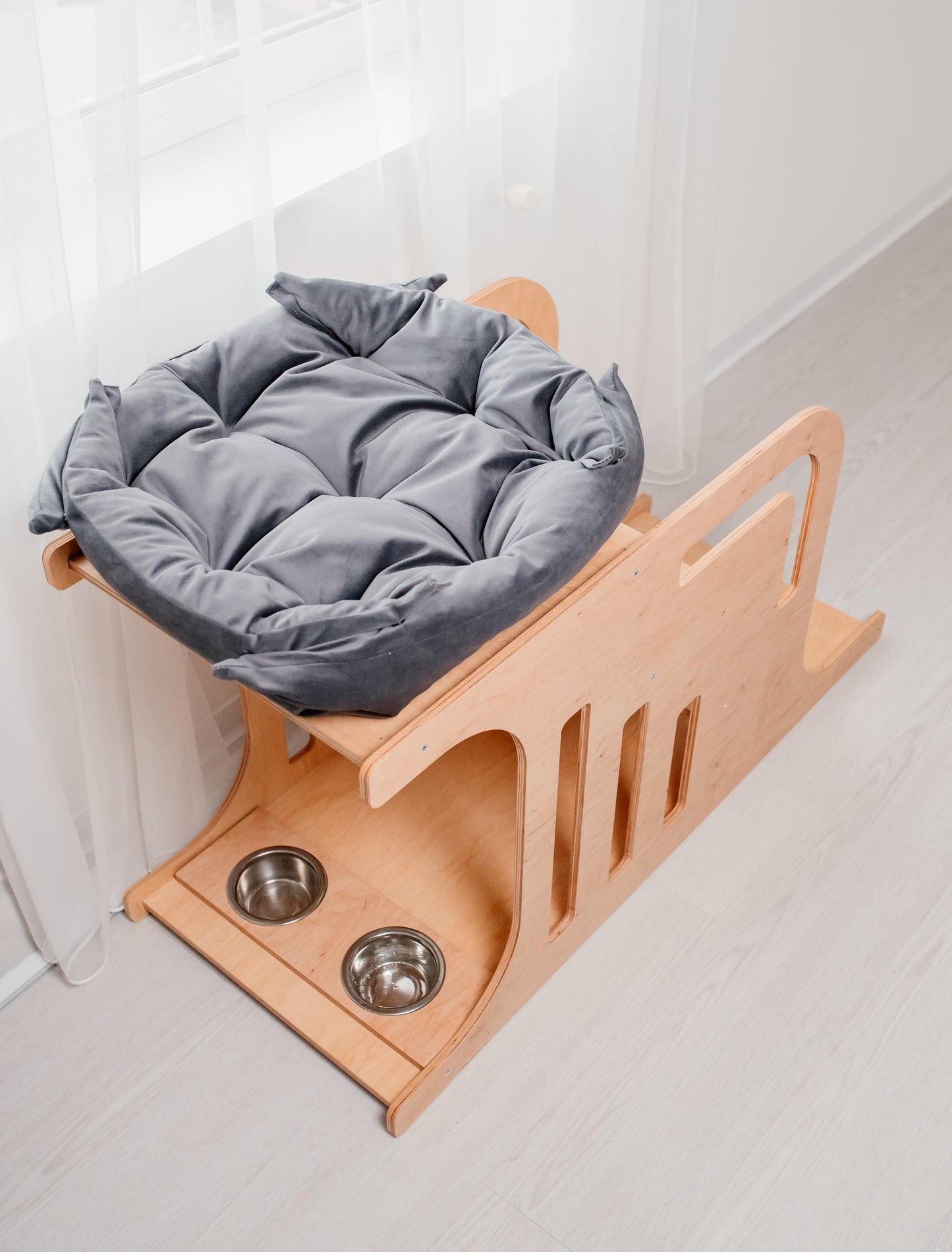 Wooden dog house with stairs and top dog bed, indoor dog crate furniture for small breeds.